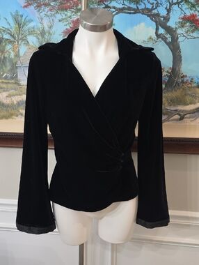 Ice Black Velvet Wrap Blouse with Draped Waist